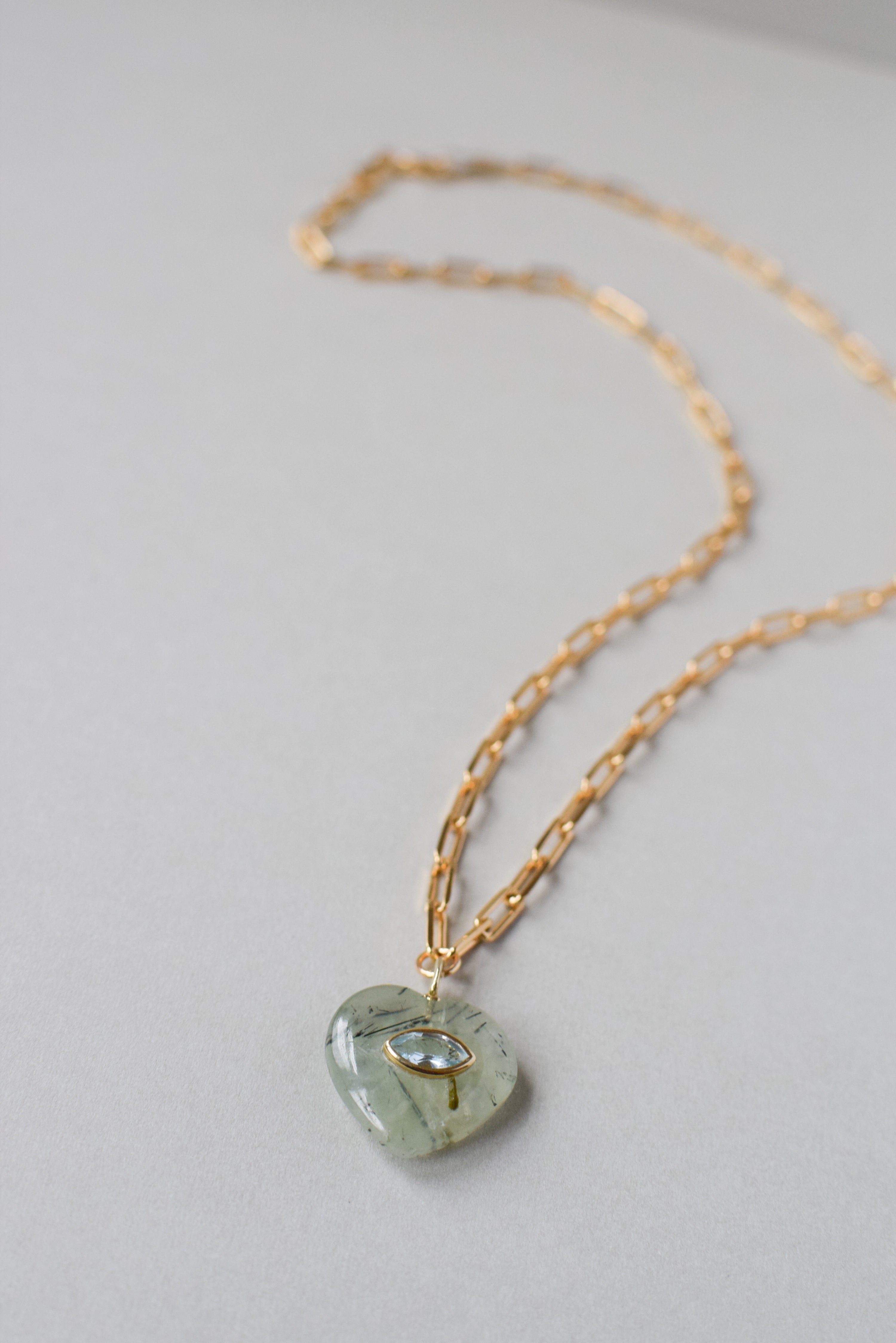 EVIL EYE HEART NECKLACE - RUTILATED PREHNITE