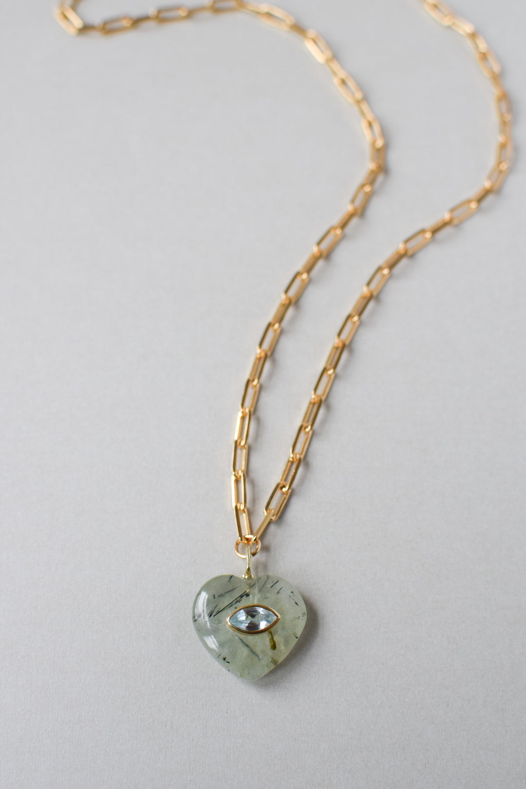 EVIL EYE HEART NECKLACE - RUTILATED PREHNITE