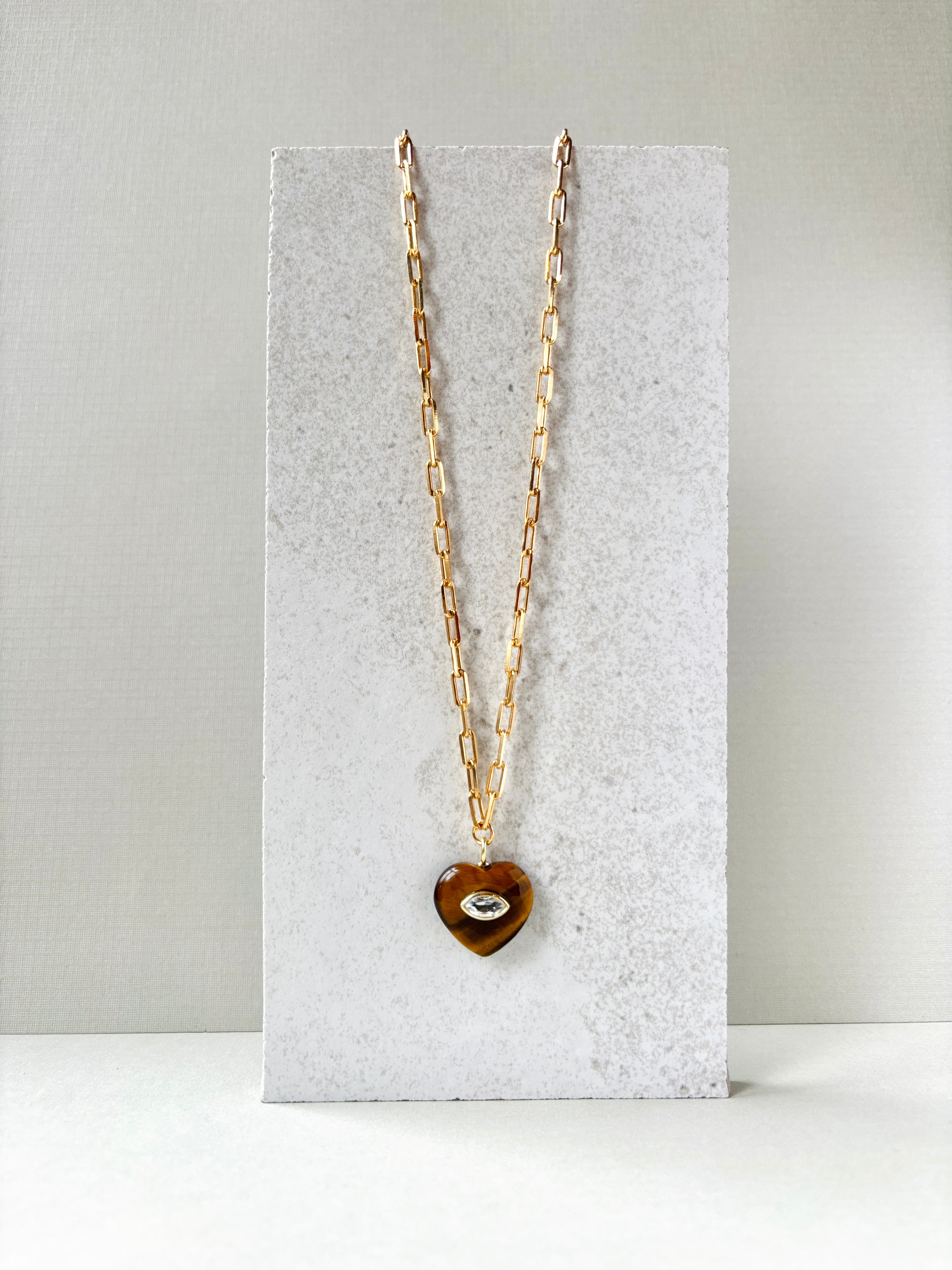 EVIL EYE HEART NECKLACE - TIGER'S EYE