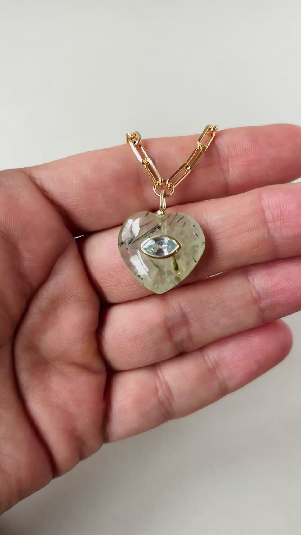 EVIL EYE HEART NECKLACE - RUTILATED PREHNITE